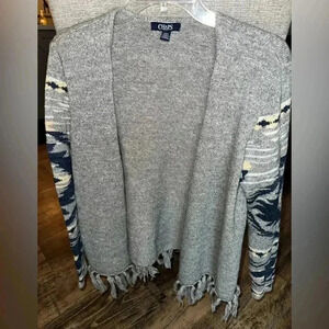 Chaps Sweater Women Large Gray Open Wrap Cardigan Fringe Tribal Aztec Breathable